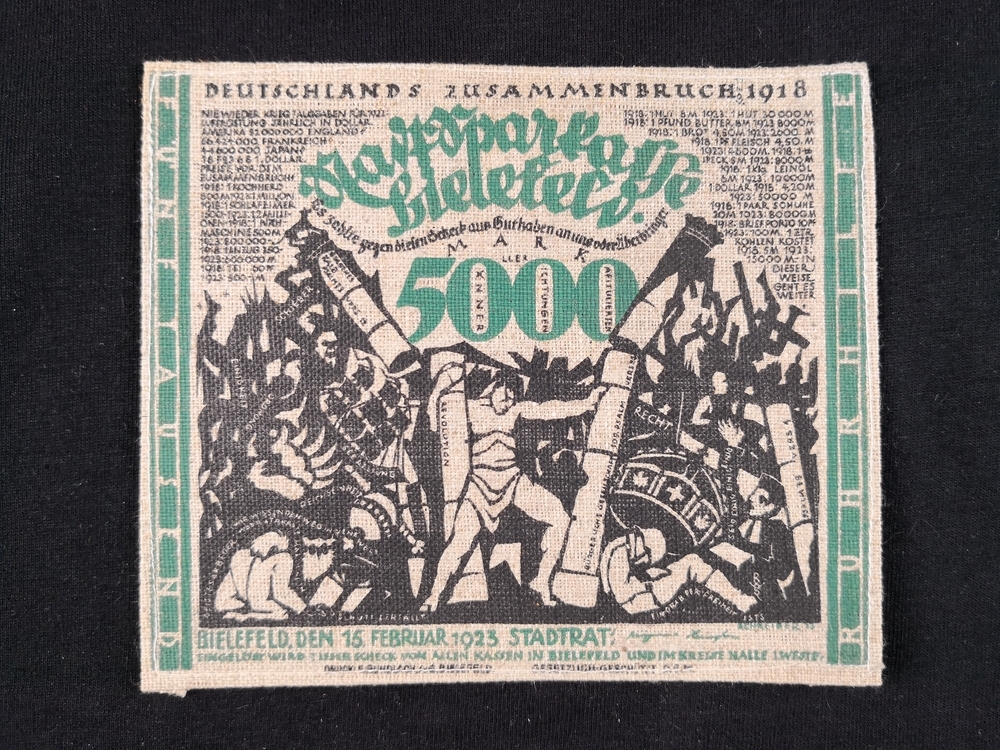 Bielefeld 1918 5000 mark jute green with simple hemmed edge