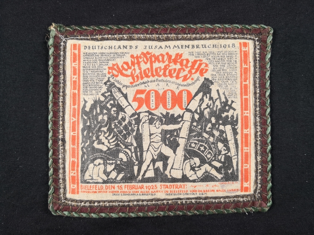 Bielefeld 1918 5000 mark jute red black hemmed with purple and green border