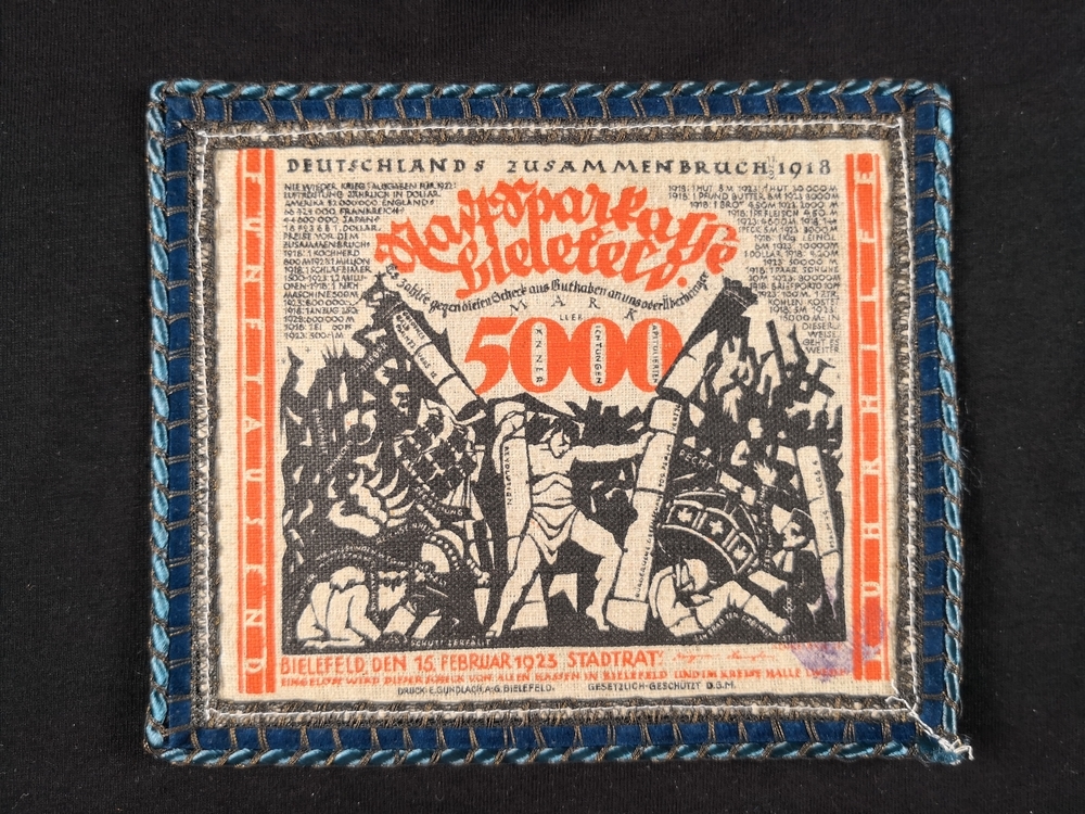 Bielefeld 1918 5000 mark jute red bronze hemmed with dark blue teal border
