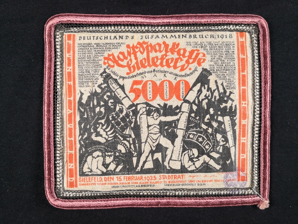 Bielefeld 1918 5000 mark jute red with black hemmed edge and pink finished border