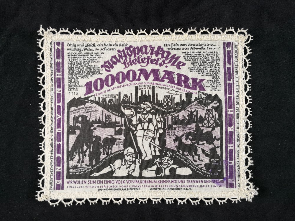 Bielefeld 1923 Linen 10000 Mark dark violet with fine cream lace border