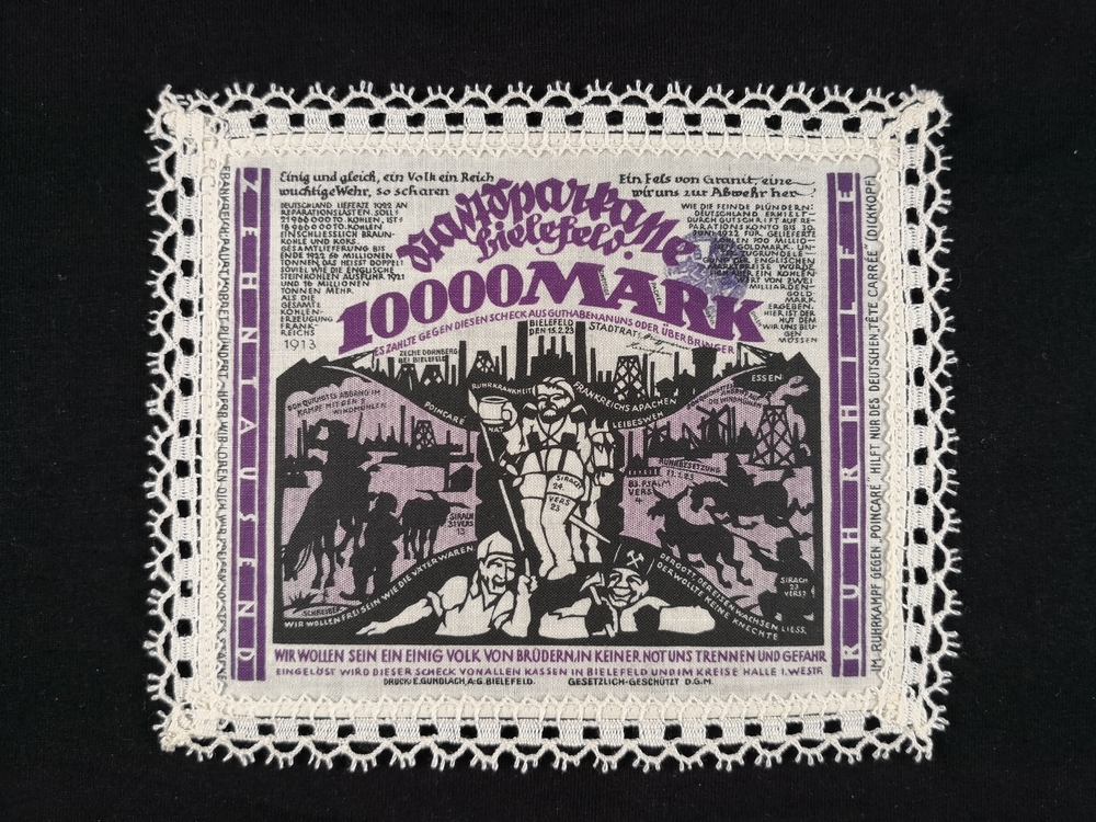 Bielefeld 1923 Linen 10000 Mark dark violet with white lace border