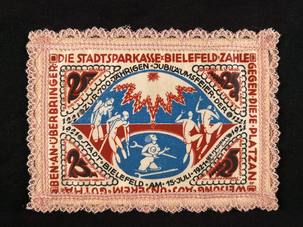 Bielefeld Stadtsparkasse Silk 25 Mark red blue with pale pink lace border