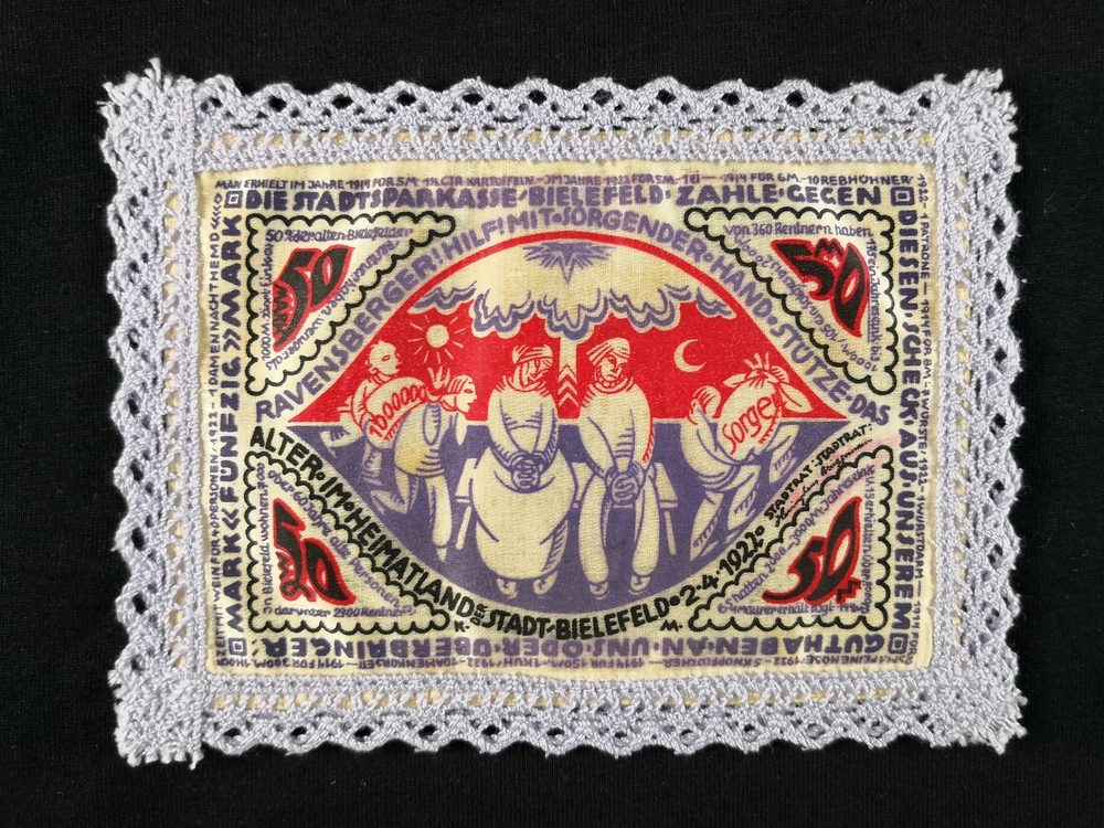 Bielefeld 1922 Stadtsparkasse Silk 50 Mark red with violet lace border